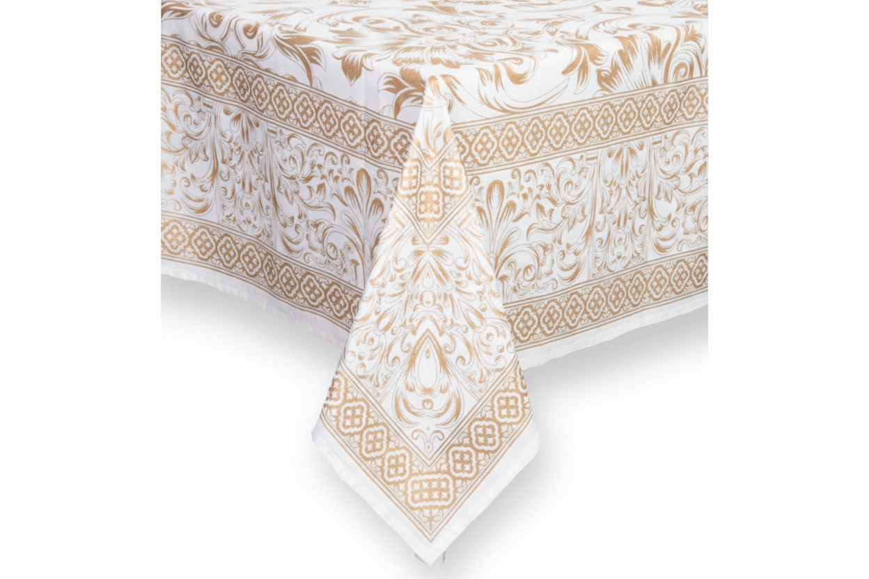 Gold Screen Printed Tablecloth 270x150cm - 8 Seater Cotton Table Linen