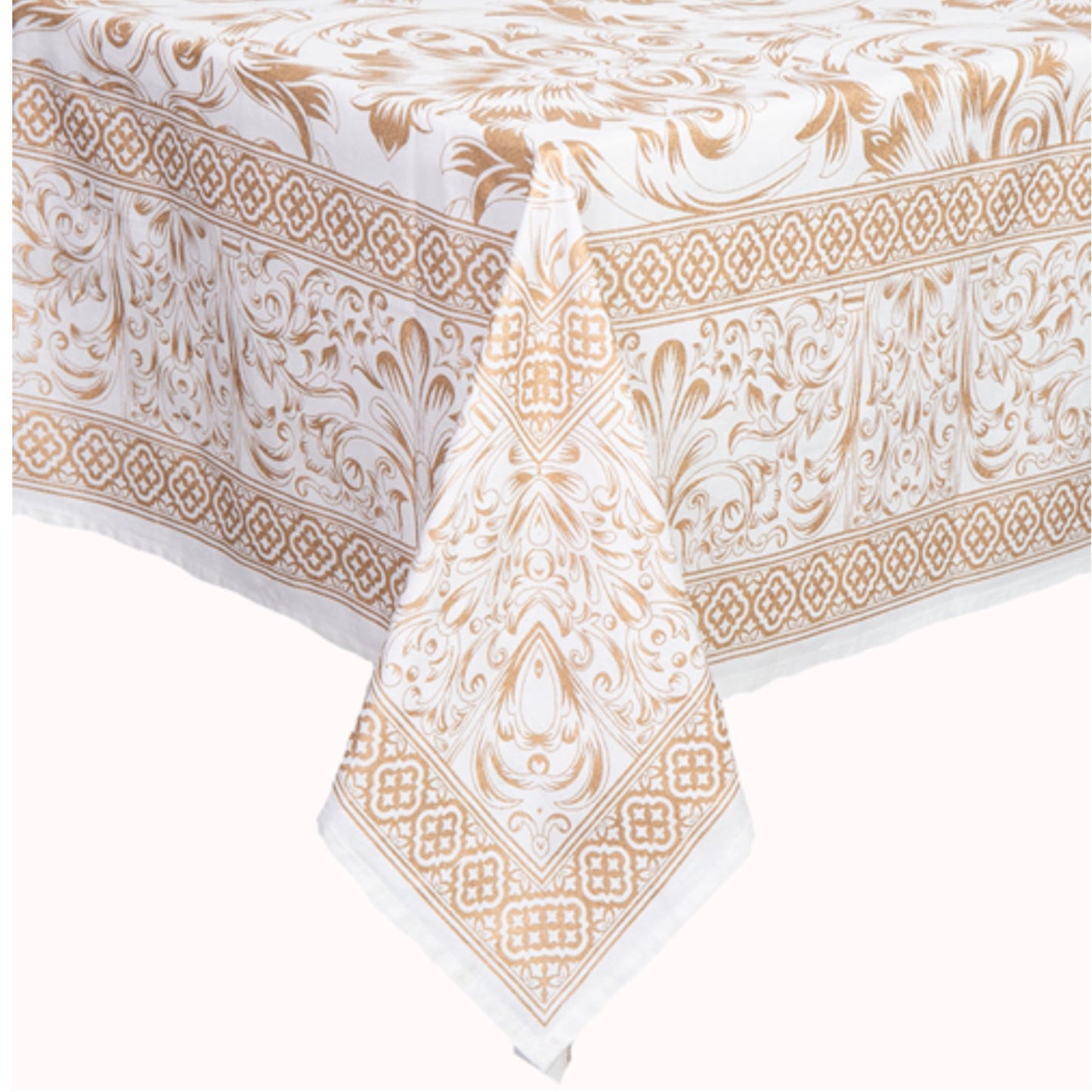 Gold Screen Printed Tablecloth 270x150cm - 8 Seater Cotton Table Linen