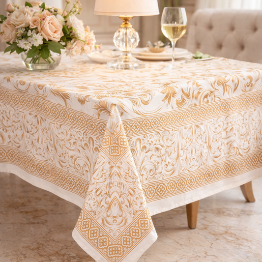 Gold Screen Printed Tablecloth 270x150cm - 8 Seater Cotton Table Linen