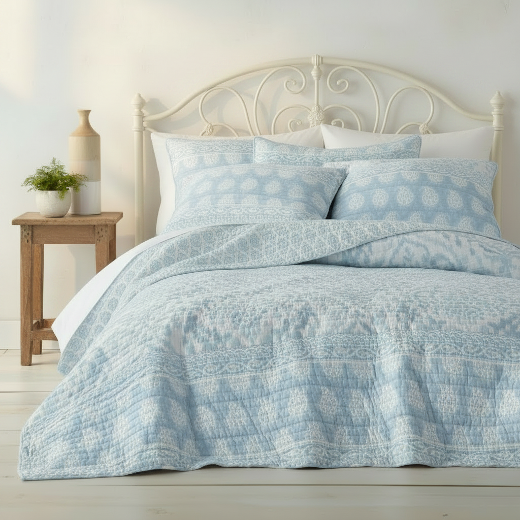 Soft Blue and White Yarra Quilt and Pillowcase Set